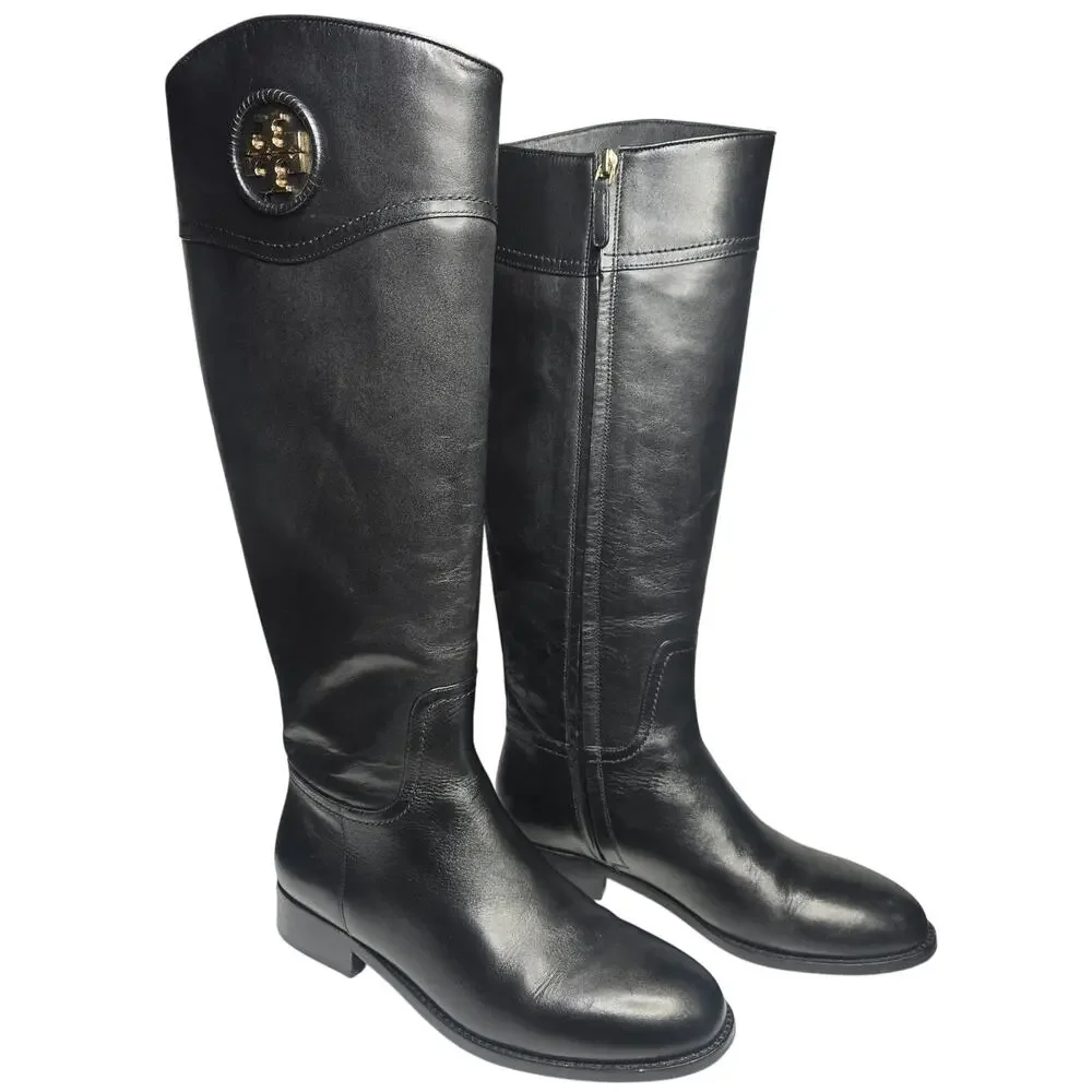 New Tory Burch Womens Ashlynn Black Leather Gold Logo Tall Riding Boots 8.5